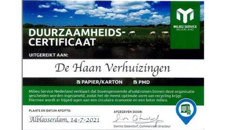 Certificaat Milieuservice Nederland en De Haan verhuizingen